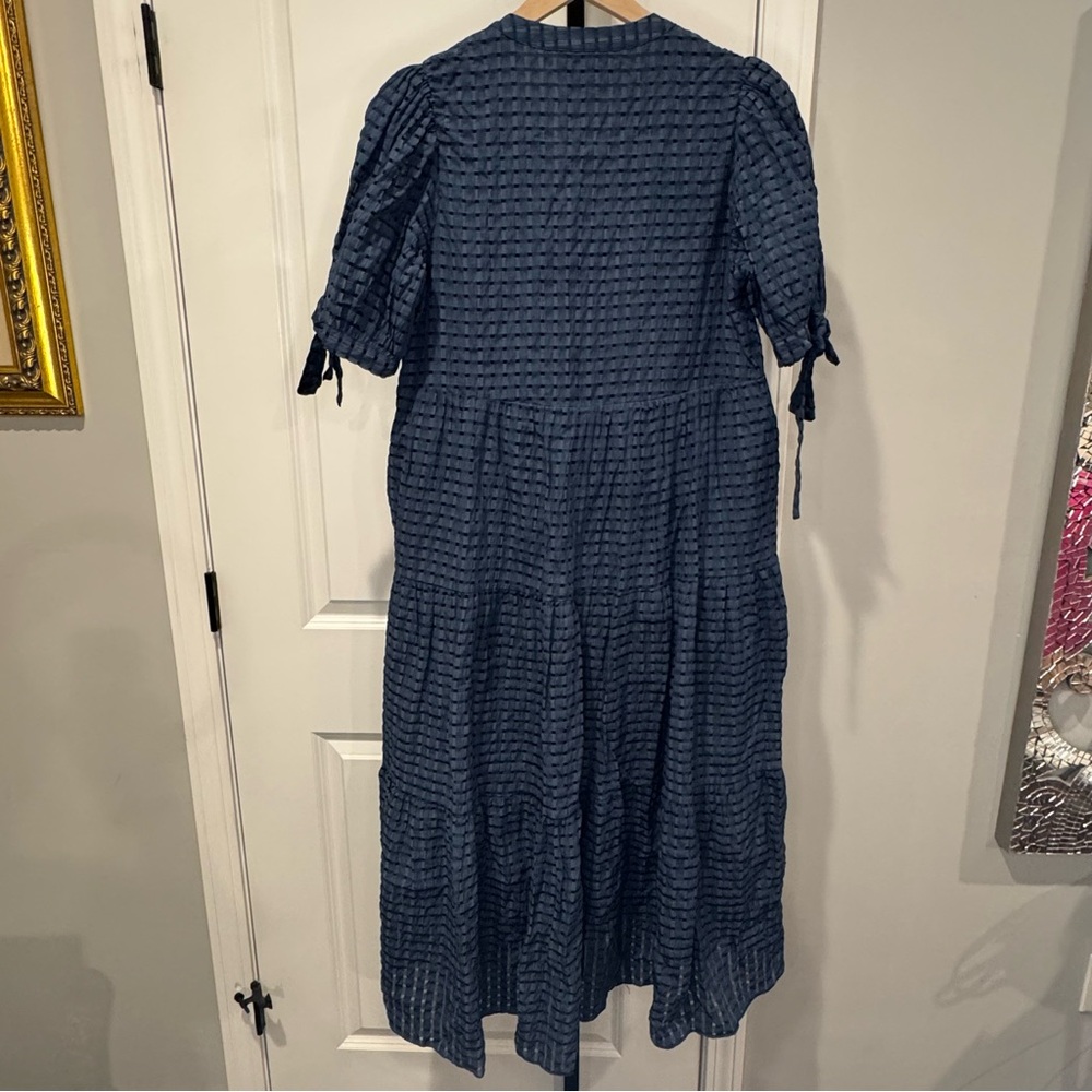 English Factory Blue Textured Midi Dress Puff Sleeve Tie Detail Size M - Picture 7 of 10
